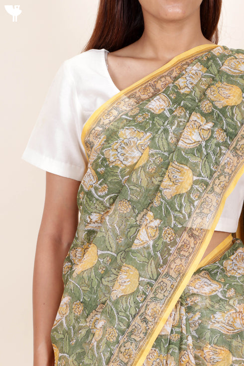 Kota Doria Saree In Floral Block Print